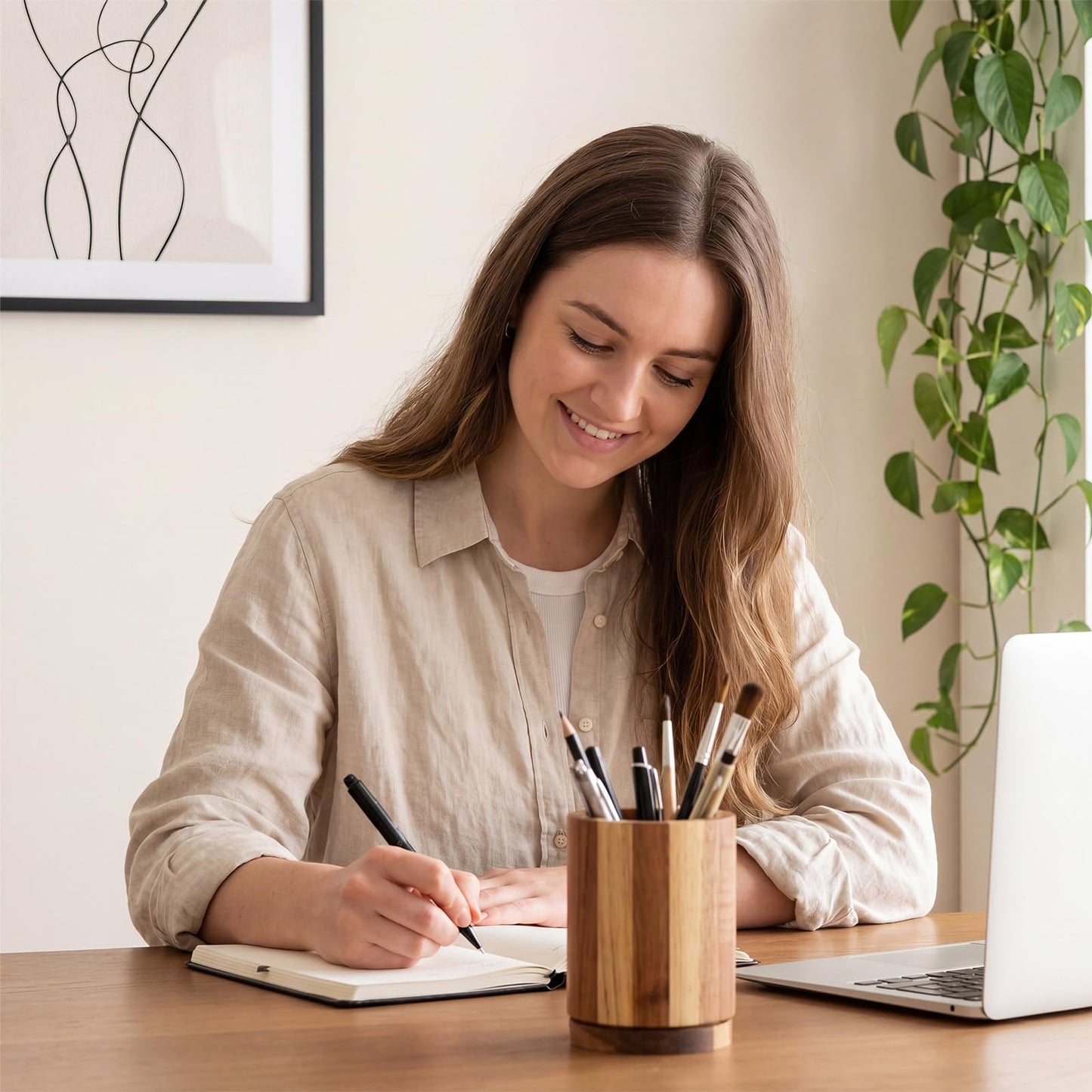 ForraFun 360° Rotating Pen & Pencil Holders Accessories Acacia Wood Desktop Pencil Holder Containers Farmhouse Stationery Organizer Stand for Office Table Desk Accessory