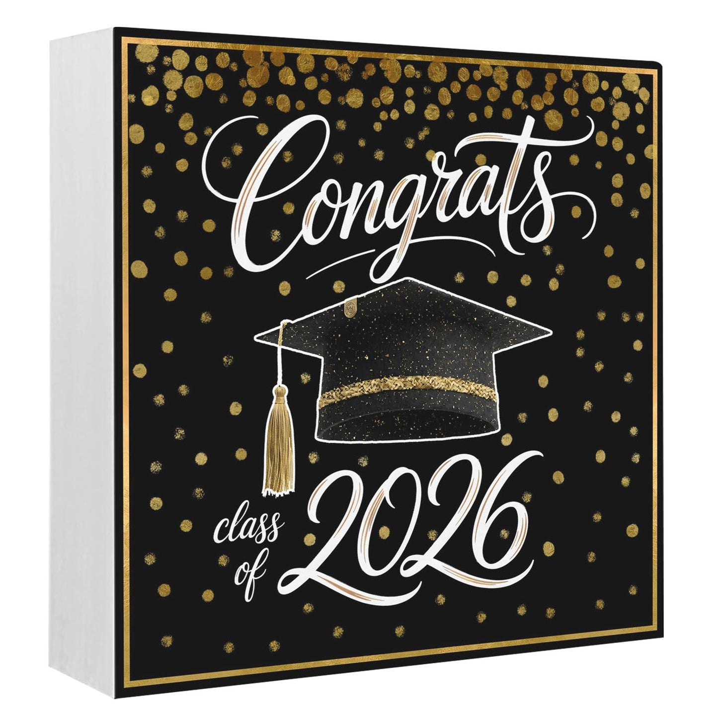 Gold Black Graduation Cap Wood Box Sign Desk Decor, Class of 2026 Academic Modern Decorative Wooden Block Box Sign Decorations for Home Office Shelf Table Decor 6x6 Inches