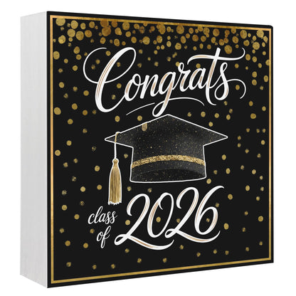 Gold Black Graduation Cap Wood Box Sign Desk Decor, Class of 2026 Academic Modern Decorative Wooden Block Box Sign Decorations for Home Office Shelf Table Decor 6x6 Inches
