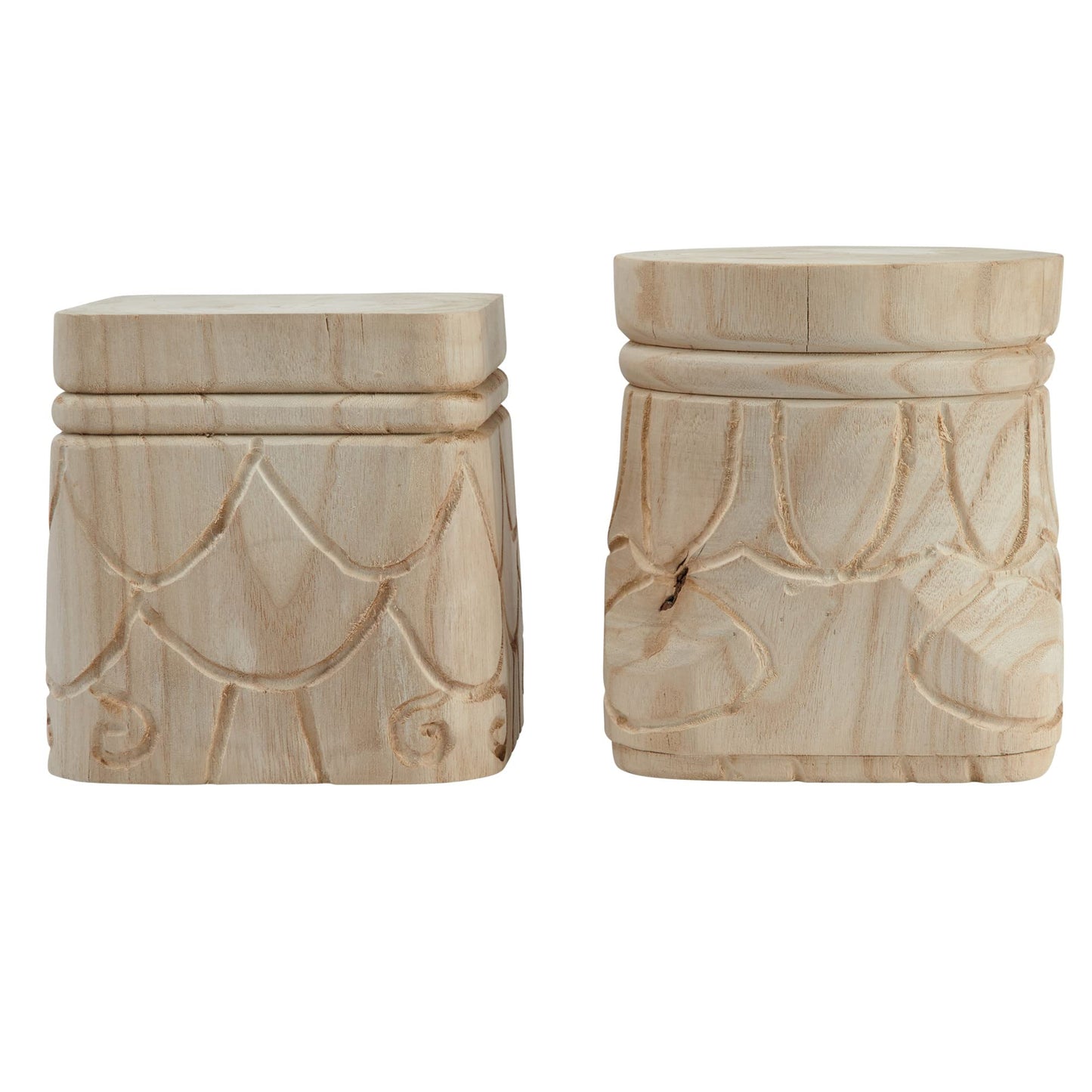 Creative Co-Op Decorative Paulownia Wood Pedestals with Carved Design, Set of 2 Styles, Natural