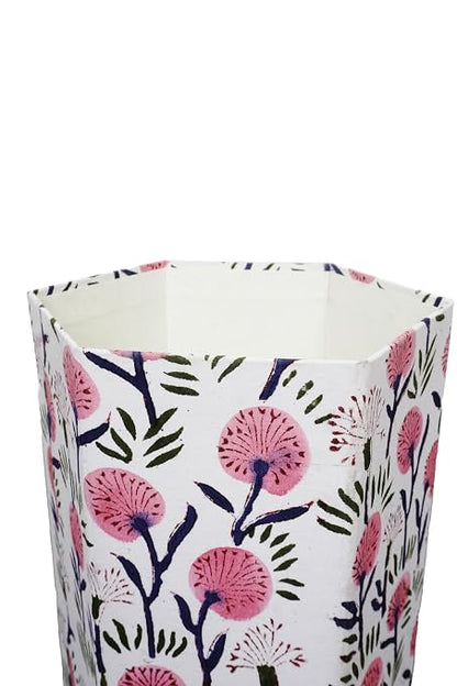 3.3 Gallon Cotton Hand Block Printed Paper Waste Basket |Small Decorative Trash Can for Housewarming Gifts in Living Room, Bedroom, Bathroom | Eco-Friendly, Plastic-Free (1, White Pink FLOWAR)