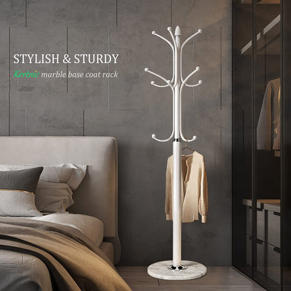 Kertnic Freestanding Coat Rack Stand, Heavy Duty Metal Hall Tree with 12 Hooks, 70 Inch Tall Stable Coat Hanger with 14.6" Natural Marble Base, Entryway Organizer for Coats Bags Hats Purses (White)
