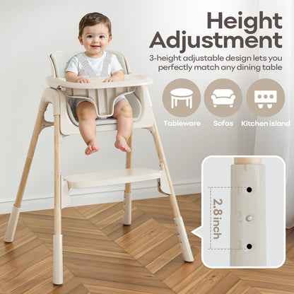 Mloong High Chair for Babies and Toddlers - Adjustable 4-in-1 Baby High Chairs with Dishwasher Tray, Easy Clean Highchair, Beige