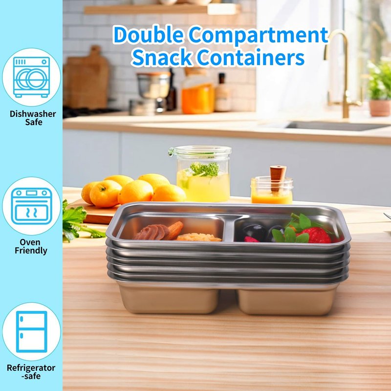 jootic Grab and Go Snack Containers, Stainless Steel Double Compartment Snack Containers with Lids, Reusable Condiment Container-Dishwasher Safe,Travel & Outdoor Camping Food Storage(2 PCS)