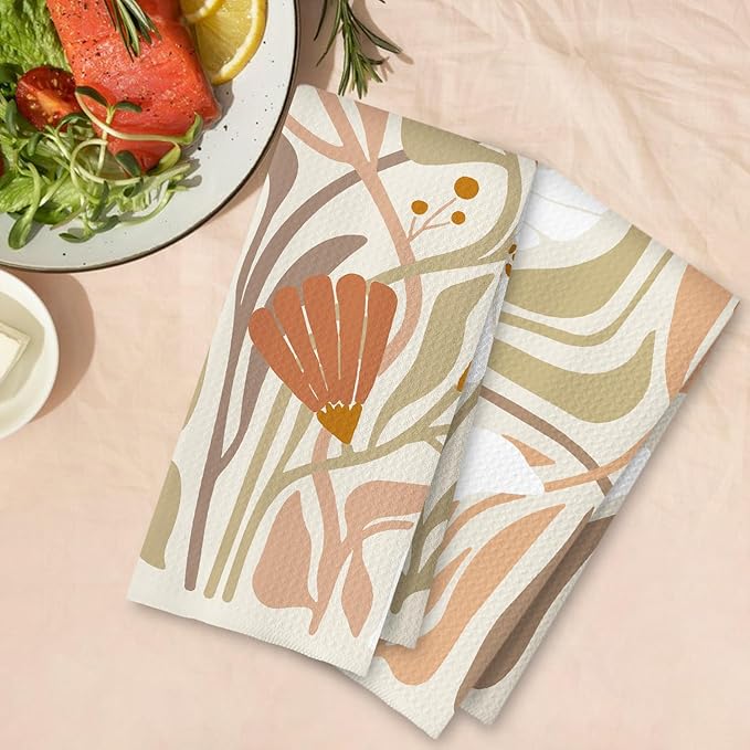 Abstract Boho Beige and White Floral Kitchen Towels Set of 2, 70s Retro Groovy