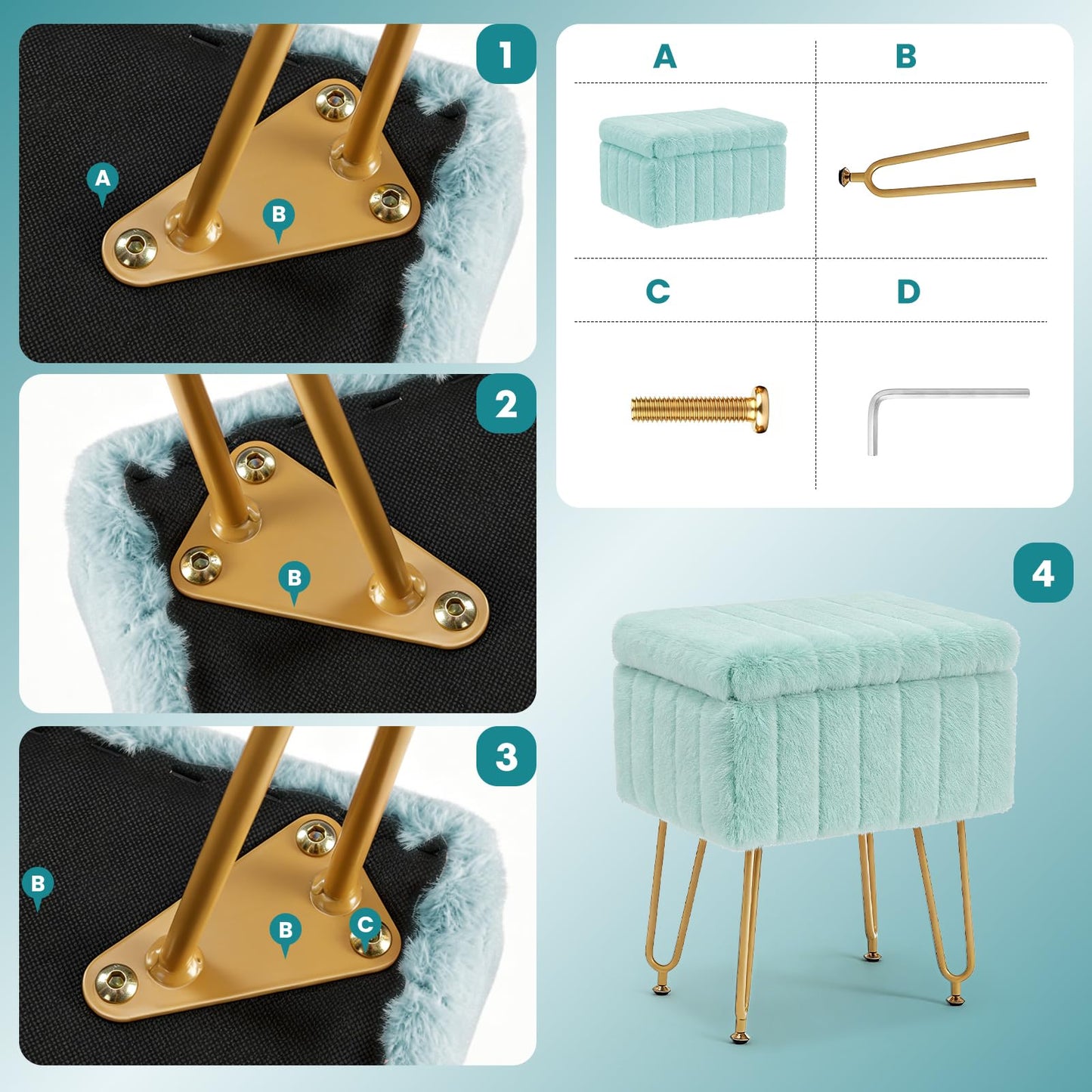 OLIXIS Vanity Stool Chair Faux Fur with Storage, Soft Ottoman 4 Metal Legs with Anti-Slip Feet, Makeup Cute Soft Small Footstool, Modern Style Faux Fur Seat for Makeup, Bedroom Dresser, Mint Green