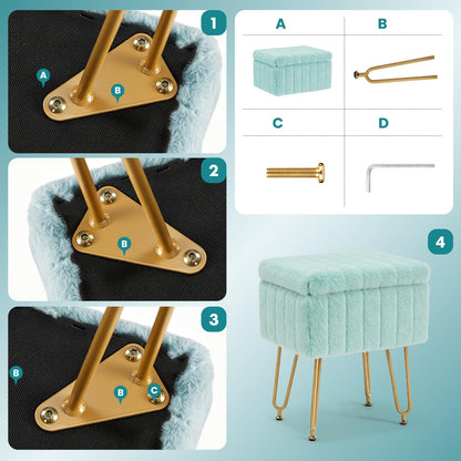 OLIXIS Vanity Stool Chair Faux Fur with Storage, Soft Ottoman 4 Metal Legs with Anti-Slip Feet, Makeup Cute Soft Small Footstool, Modern Style Faux Fur Seat for Makeup, Bedroom Dresser, Mint Green