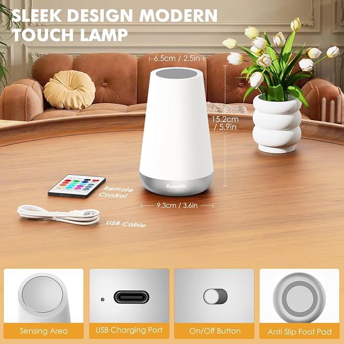 Auxmir Rechargeable LED Night Light, Touch & Remote Control Bedside Lamp with 13 Colors, 5 Brightness Levels, Portable Table Lamp for Kids Baby Nursery, Bedroom, Bathroom, Camping, Silver
