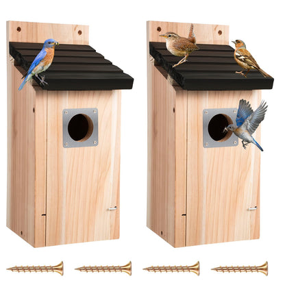 Dreyoo 2 Pack Bluebird Box Houses for Outside,1-1/2'' Entrance Hole Wooden Bird Houses with Metal Guard, Secure Latch,Fledgling Grooves,Air Vents for Bluebird Wren Swallow(Dark Wood)