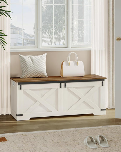 Hzuaneri 47.2" Storage Chest, Large Storage Trunk with 2 Hinges, Farmhouse Wooden Box Bench, Lift-Top Organizer Chest, Entryway Trunk for Bedroom, Living Room, White and Brown SB12114X