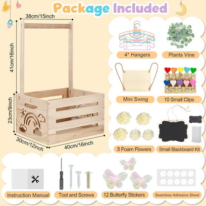ELESTONE Wooden Baby Shower Crate Closet with Handle, Hangers & Garland, Large Capacity Baby Basket for Baby Shower, Customizable Wooden Crate Box Newborn Parents Welcome Gift (Natural Wood)