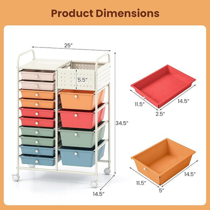 Giantex 14 Drawer Storage Cart, Rolling Craft Cart with Metal Tabletop & Pegboard, Mobile Utility Organizer Trolley with Locking Wheels, Home Office, Macaron Multicolor