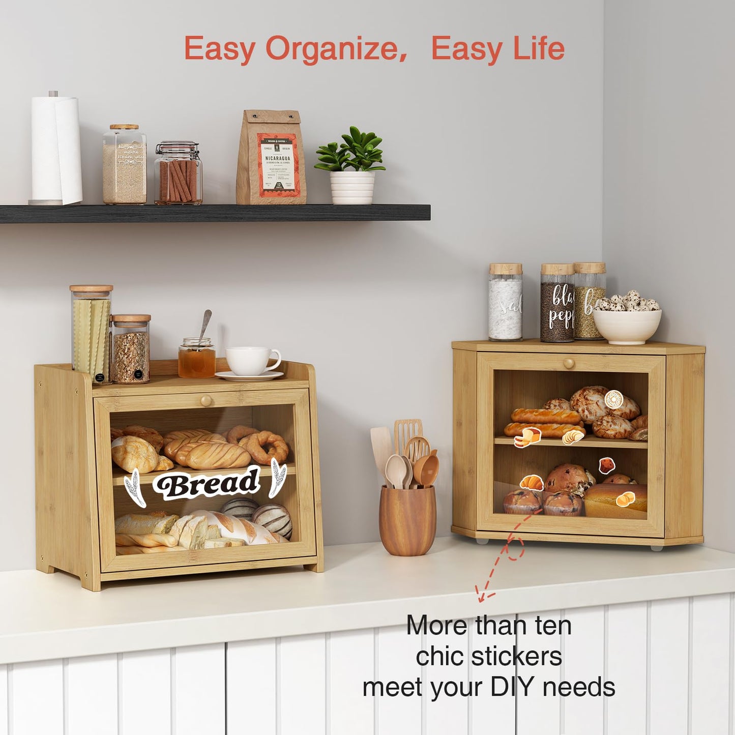 Goozii Bamboo Corner Bread Box for Kitchen Counter, 2 Tier Bread Keeper Wooden Round, Farmhouse Bread Storage Bin for Kitchen Countertop, Counter Organizer for Bread, Cup, Fruit, Spice, Snack