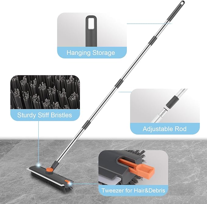 Floor Scrub V Brush with Long Handle 4 in 1 Silicone Scrape and Stiff Bristle