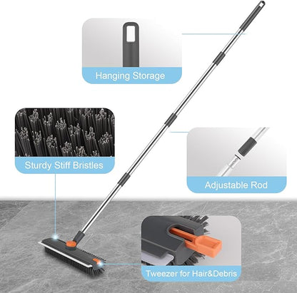 Floor Scrub V Brush with Long Handle 4 in 1 Silicone Scrape and Stiff Bristle