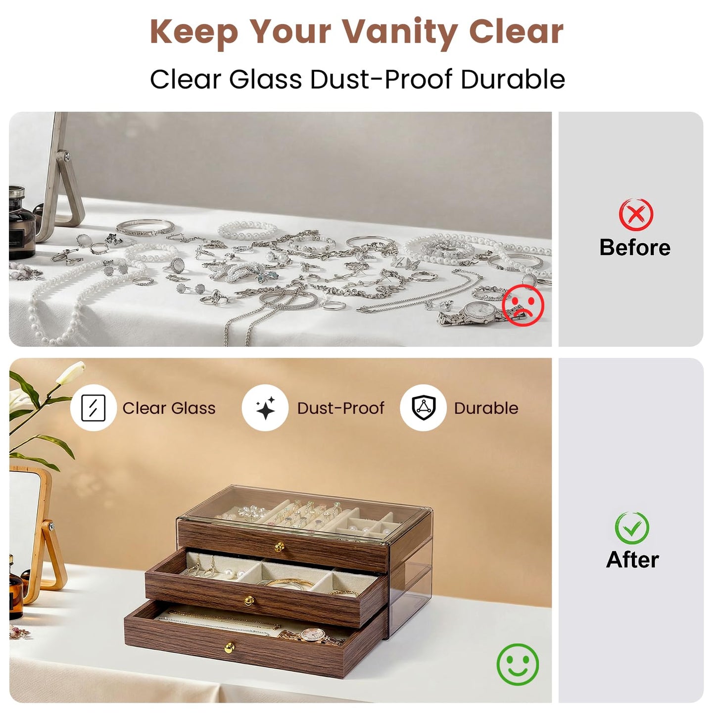Simple Supplies Wooden Jewelry Box for Women, 3-Layer Jewelry Organizers and Storage with 3 Drawers & Velvet Trays, Large Earring Holder, Necklace Ring Travel Case, Gift Box for Drawer, Wood