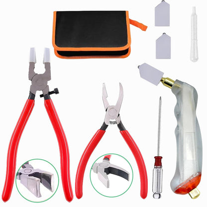 Puwany Glass Cutting Tool Kit,Glass Cutters Tools Set with Oil Feed Glass Cutter Glass Running Pliers Breaker Pliers, Glass Cutting for Stained Glass Mosaic Tiles Mirrors,Zipper Package