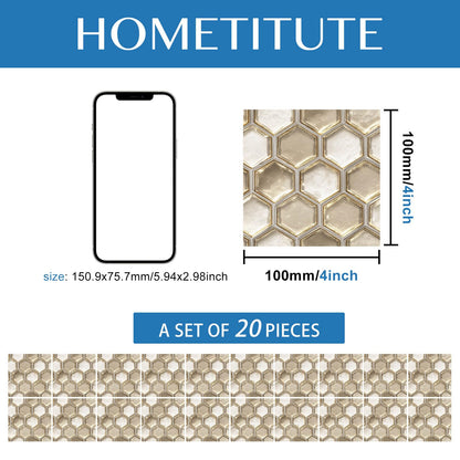 HOMETITUTE 20Pcs Hexagon Gold Glass Look Tile Stickers Peel and Stick Decorative Tiles Waterproof Removable Sticker Tiles Backsplash Decals for Kitchen Bathroom Fireplace Wall Covering 4x4 Inch not 3D
