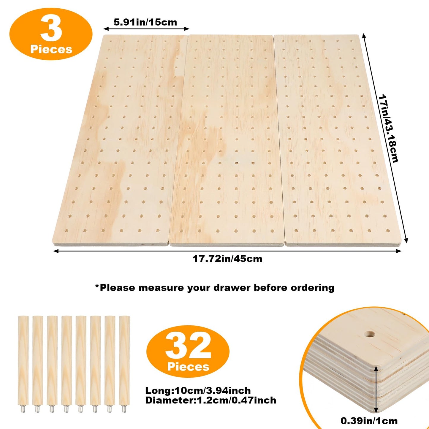 Afcabakila 3Pcs Wood Pegboard Drawer Organizer with 32 Pegs Wooden Peg Board System for Kitchen Dishes Plate 17 x 5.91 in Natural Wood Color