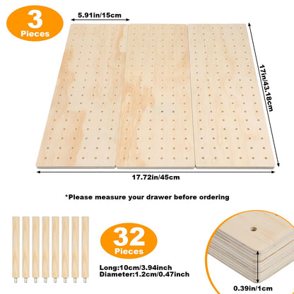 Afcabakila 3Pcs Wood Pegboard Drawer Organizer with 32 Pegs Wooden Peg Board System for Kitchen Dishes Plate 17 x 5.91 in Natural Wood Color
