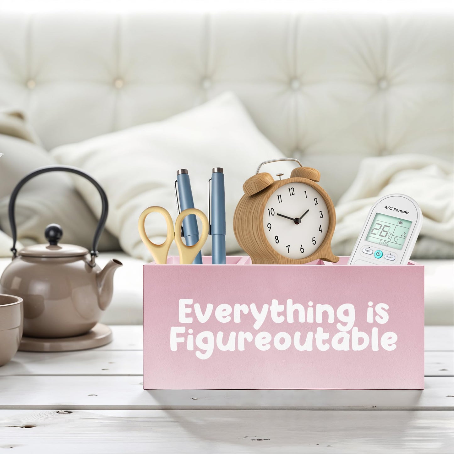 FITIE Everything Is Figureoutable Makeup Brush Toothbrush Holder, Preppy Coquette Pink Wooden Pen Pencil Holder Organizer for Dorm Bedroom Desk Accessories, Inspirational Gifts for Women