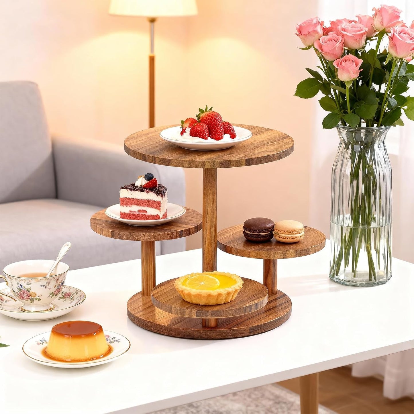 Voittozege 4 Tier Round Wood Cupcake Stand, Large Capacity Dessert Table Display Tower with Flower Shape, Rustic Farmhouse Tiered Tray Decor for Wedding and Birthday, Holds 50 Cupcakes