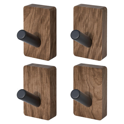 IURRDOP 4 PCS Black Walnut Wood Wall Hooks, Adhesive Mounted & Wall Mounted Rustic Decorative Entryway Hooks, Mid Century Modern Natural Wooden Pegs for Hanging Coat Clothes Hat Bag Purse and Towel