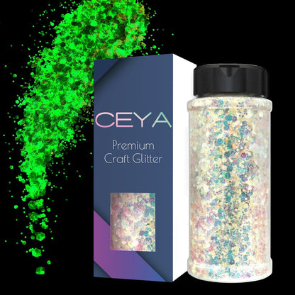 Ceya Glow in The Dark Glitter, 3.3oz/ 95g White Luminous Chunky Glitter Mix Fine Powder Flakes Fluorescent Nail Sequins for Epoxy Resin, Tumblers, Halloween Party, Festival Decor