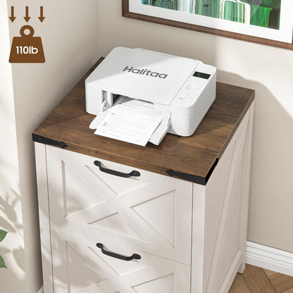 Halitaa Farmhouse File Cabinet, Vertical Under Desk Wooden Storage with 2 Drawers, Small Filing Cabinet Fits Letter and A4 Size for Home Office, Printer Stand, White and Brown