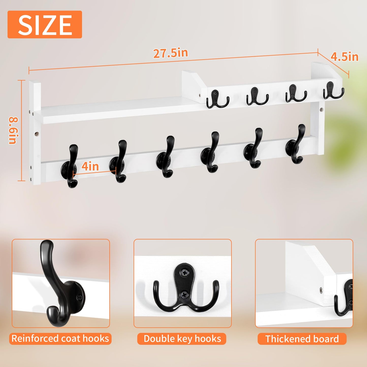 GODDGITT Coat Rack Wall Mount with Shelf, 27.5" Entryway Wall Hanging Shelf, Coat and Key Hanger with 10 Dual Hooks, Mail Organizer and Key Holder Hat Rack for Wall, Wood Coat Hooks with Storage