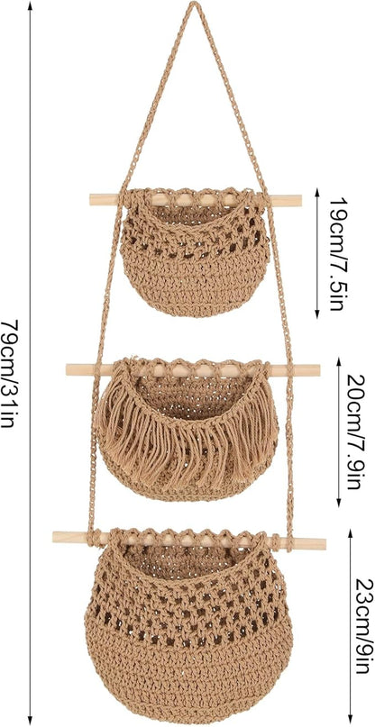 3 Tier Hanging Fruit Basket, Wall Hanging Vegetable Fruit Baskets Cotton Woven