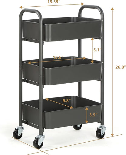 SunnyPoint 3-Tier Delicate Compact Rolling Metal Storage Organizer - Mobile Utility Cart Kitchen/Under Desk Cart with Caster Wheels (Gray, 15.35" X 10.24" X 26.8"H)