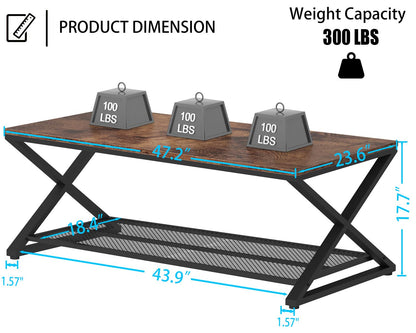 LVB Rustic Coffee Table with Storage, Industrial Wood Metal 2 Tier Center Living Room Table with Mesh Shelf, Farmhouse Wooden Low Rectangle Cocktail Tea Table for Office Bedroom, 47 inch, Rustic Brown