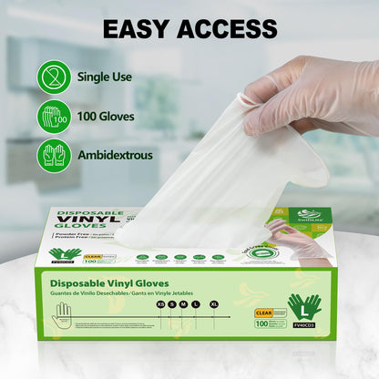 SWIFTLITE Disposable Vinyl Gloves, Food Safe, Latex-Free Powder-Free Clear Plastic Gloves for Cooking, House Clean, Food Prep (100, Large)
