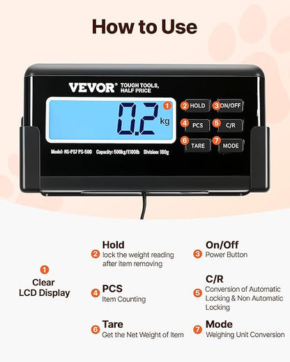 VEVOR 1100Lbs x 0.2Lbs Digital Livestock Scale Large Pet Vet Scale Stainless Steel Platform Electronic Postal Shipping Scale Heavy Duty Large Dog Hog Sheep Goat Pig Sheep Scal