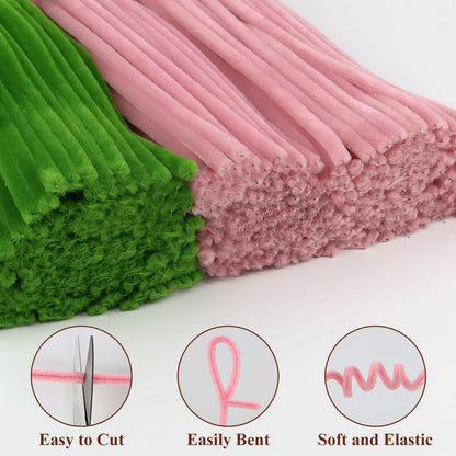 CHRORINE 320 Pcs Pipe Cleaners Bulk Pipe Cleaner Flower Kit Craft Supplies Soft and Flexible Creative Suitable for Art DIY Packaging and Decoration- Pink, Green