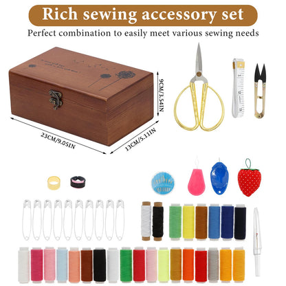 Mother's Day Gift Sewing Kit for Adults Wooden Sewing Box with Thread Scissors Thimble Needle Cushion Seam Ripper Retro Wooden Sewing Basket Sewing Supplies for Beginners