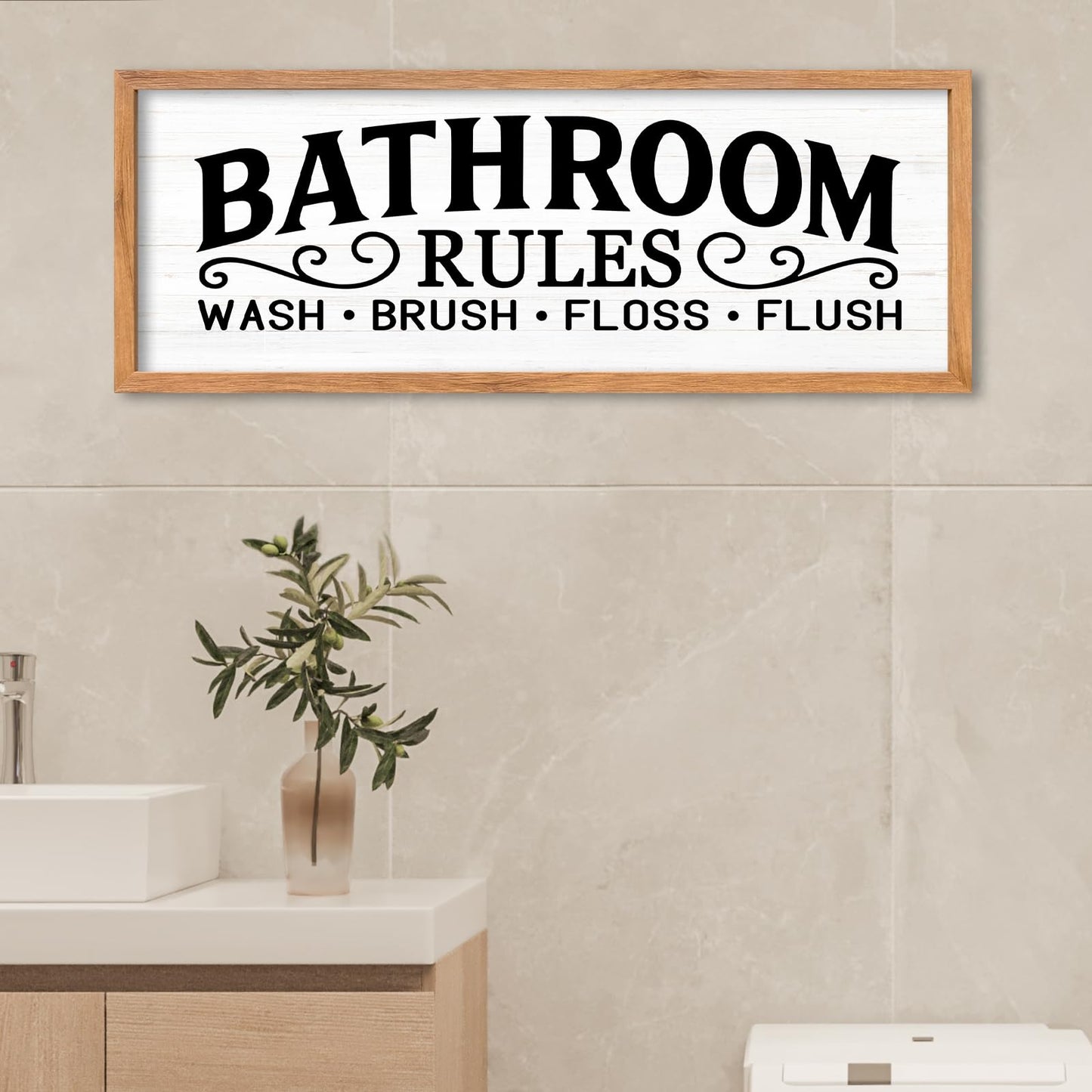 AuraPeak Bathroom Rules Wash Brush Floss Flush Wall Decor Funny Wooden Quote Sign Home Farmhouse Laundry Room Restroom Toilet Shelves Hanging Art Wall Decor (Wood White 32"×12")