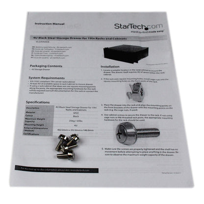 StarTech.com 4U Rack Mount Drawer - 55 lb (25 kg) - 4U Steel Storage Rack Drawer for 19" AV / Sever / Network Equipment Rack or Cabinet (4UDRAWER) Black