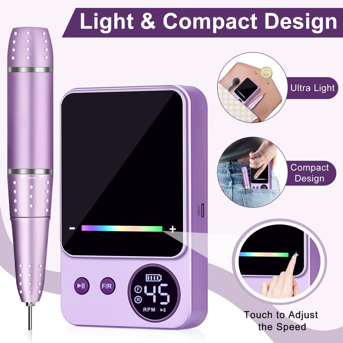 Electric Nail Drill Professional 45000RPM, Portable Smart Touch Display Electric Nail File, 4000mAh Rechargeable Nail Drill Kit for Remover Acrylic & Gel Nails Manicure for Salon Home