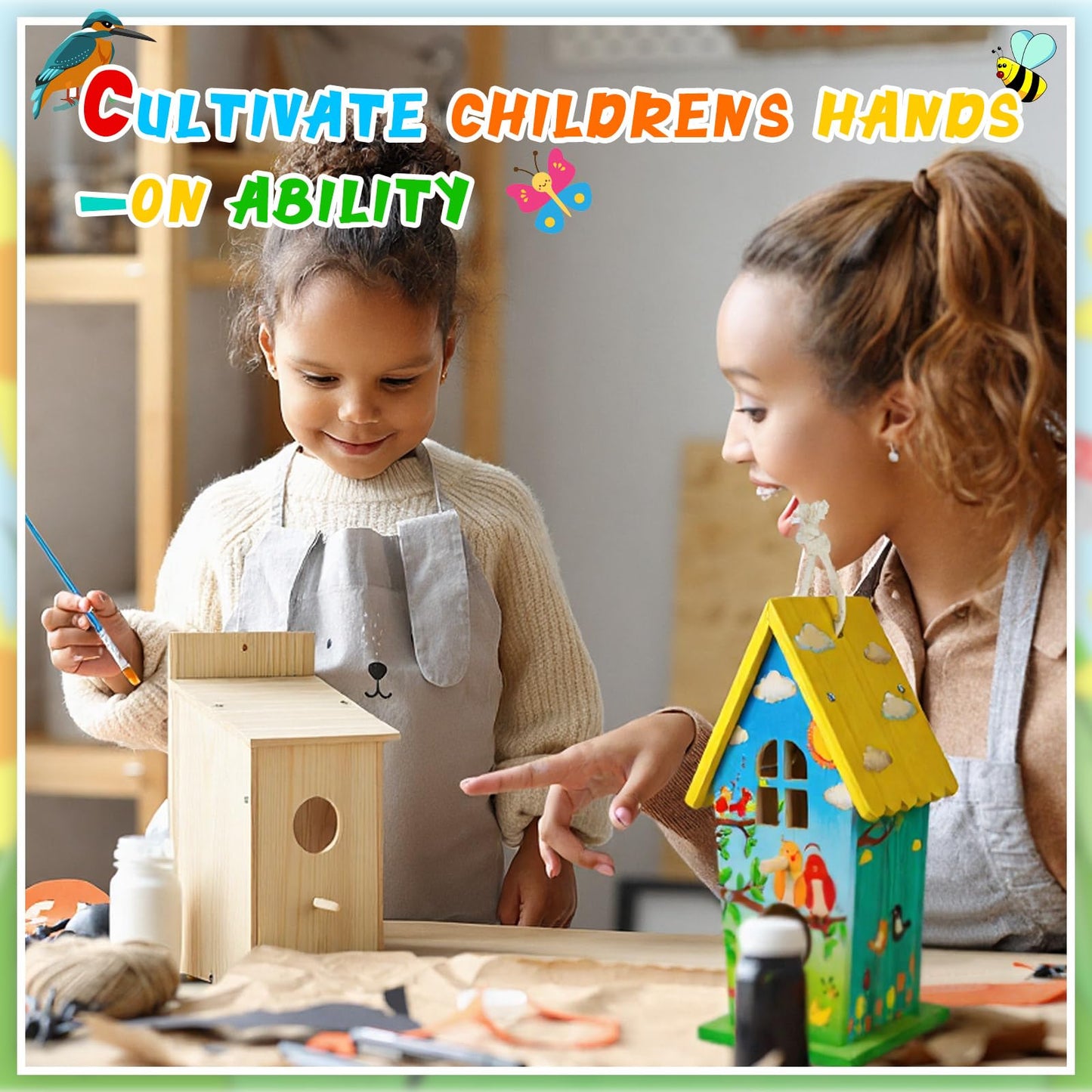 Liliful 2 Pack DIY Bird House Kits for Kids, Thickened Wooden Creative DIY Birdhouse Kits Arts and Crafts Set for Kids and Adults, Outdoor Woodworking Crafts Gifts for Toddlers Ages(Natural Style)