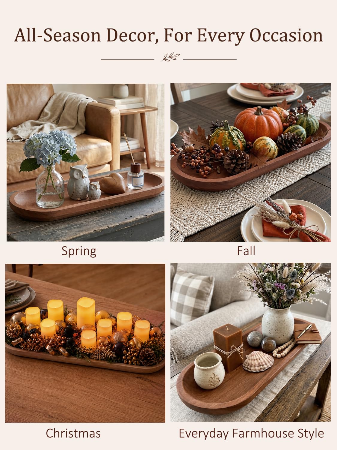 Duseu 25.5 Inch Wooden Dough Bowls for Decor, Wood Long Decorative Bowl, Rustic Large Dough Bowl Centerpiece Trays for Dining Table, Coffee Table, Entryway (Brown)