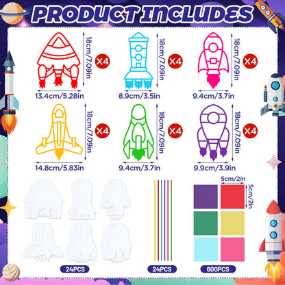 Peconal 24 Sets Rocket Suncatchers Craft Kit DIY Space Rocket Themed Stained Glass Effect Window Tissue Paper Art Hanging Decor for Boys Girls Birthday Gifts Unique Designs Bulk Party Favors Supplies