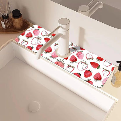Watercolor Strawberry Kitchen Sink Splash Guard Mat Absorbent Fast Drying Mat