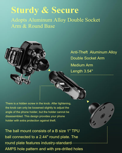 BRCOVAN Anti-Theft Phone Mount Holder with Vibration Dampener [Camera Friendly] [1s Lock & Release] with Aluminum Round Base & Medium Arm, for Car Boat Truck Motorcycle UTV, Fit 5.4-7.2'' Smartphones