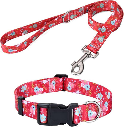 Mihqy Dog Collar and Leash Set with Bohemia Floral Tribal Geometric Patterns - Soft Ethnic Style Collar Adjustable for Small Medium Large Dogs(Red Floral Set,XS)