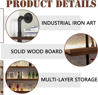 Dawselod 39.7in Large Wine Rack with LED Light Solid Wood Wall Mounted Wine Rack, 3-Tiers Liquor Bottles Floating Shelves Display Storage Organizer for Home Bar & Dining Room (100cm/39.7in)