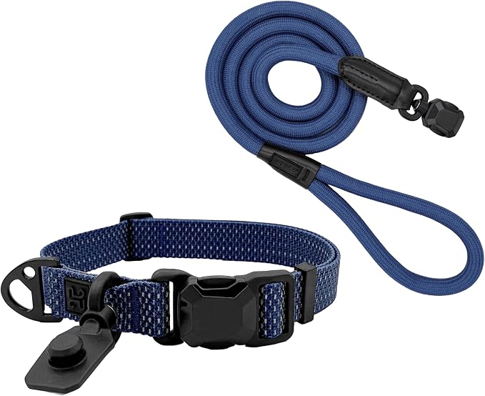 Quick Clip Dog Collar & Rope Leash Set, Blue Small – Magnetic Buckle, Reflective