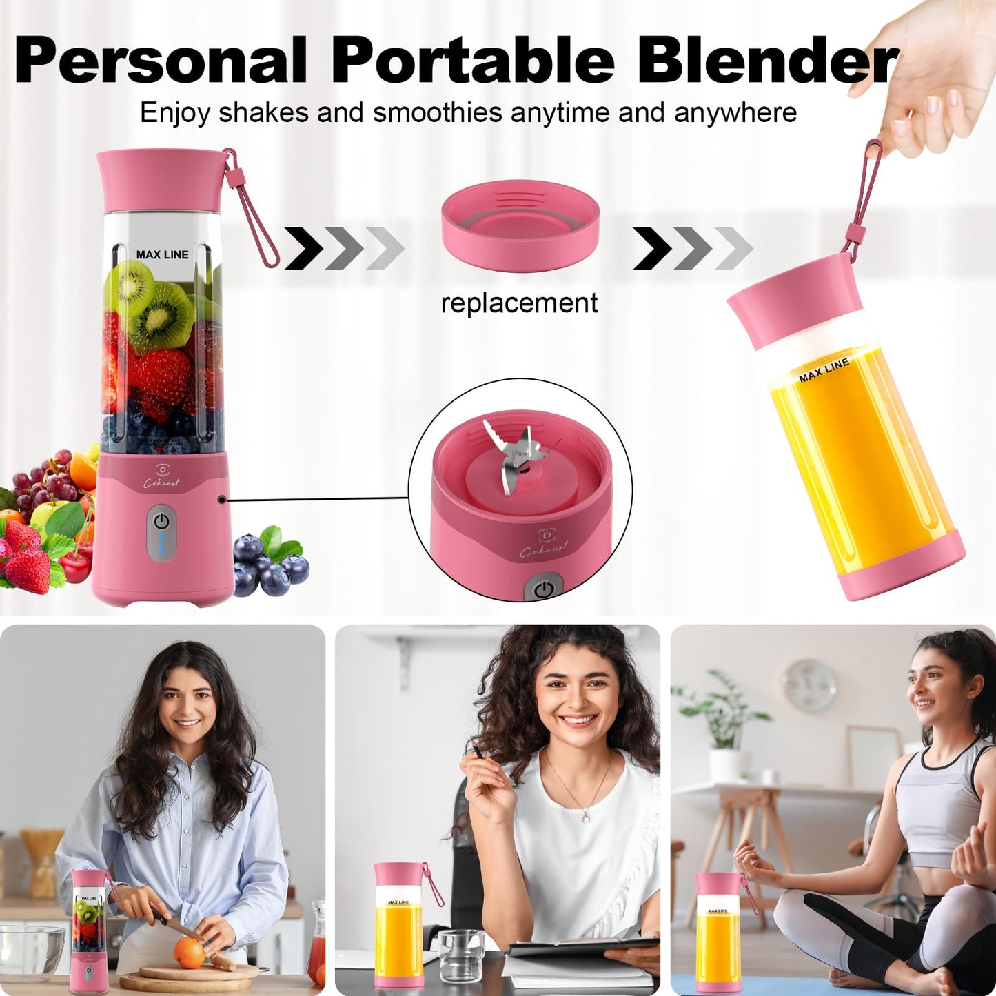 COKUNST 18oz Portable Blender, USB Rechargeable Personal Size Blenders, Smoothie Blender with 6 Blades for Protein & Shakes, Mini juicer with Extra Handle Lid for Travel Sports Outgoing
