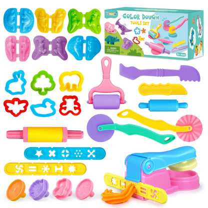 VConejo Dough Tools Set for Kids, 26pcs Dough and Clay Accessories with Stamps, Animal Cutters, Rollers, Extruder, Dinosaur Play Molds, Educational Toys for Boys Girls